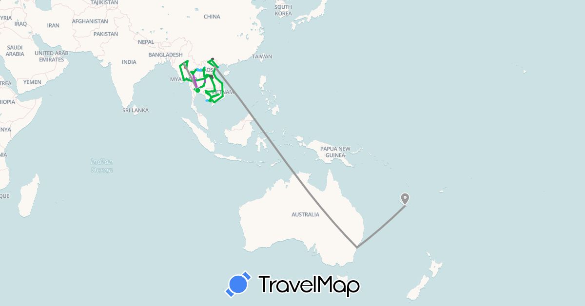 TravelMap itinerary: driving, bus, plane, train, hiking, boat, motorbike in Australia, France, Cambodia, Laos, Myanmar (Burma), Thailand, Vietnam (Asia, Europe, Oceania)